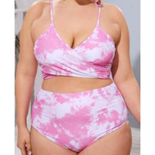 Plus Size High Waisted Bikini Set Women Swimwear Pink Tie-Dyed Push Up Bikini Two Piece Swimsuit Oversized Bandage Bathing Suit