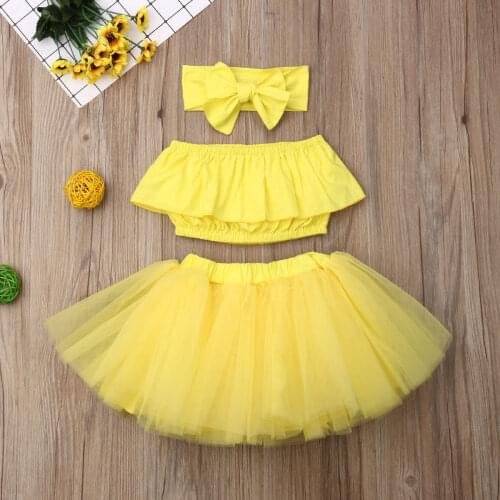 Pudcoco Newborn Baby Girl Clothes Solid Color Off Shoulder Crop Tops Mini Tulle Skirt Bowknot Headband 3Pcs Outfits Clothes Set