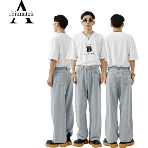 Arbitmatch Men Trousers Blue Jeans For Men Loose Long Pants Straight Solid Water Wash Distressed Baggy Jeans Vibe Denim Clothing