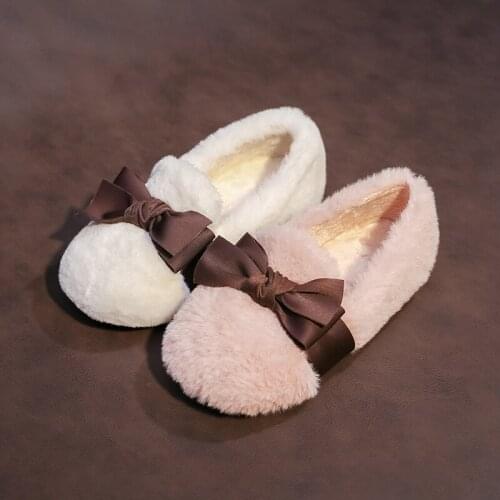 Soft pink white fluffy girls flats warm home skid resistance little girl winter shoes loafer with sweet brown bow furry plush