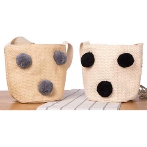 College style new straw bag cute sweet hair ball vacation beach bag woven bucket handbag