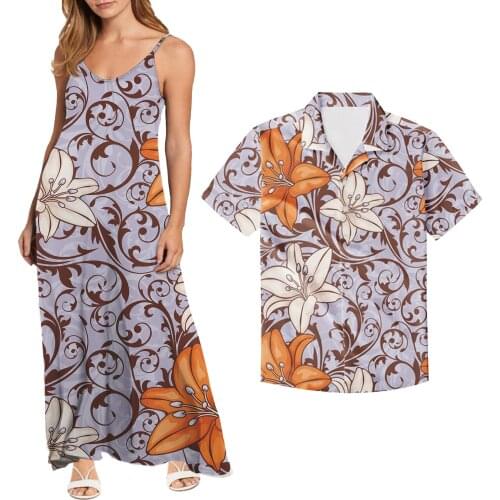Hycool Wholesale 2021 New Polynesian Tribal Plus Size Couple Clothing Print Maxi Spaghetti Strap Beach Dresses Match Men Shirts