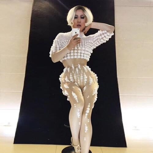 Sexy 3D White Ball rhinestone Jumpsuit Women Party Singer Dancer Stage Show Nightclub Rompers Pole stage Dance Costume spandex