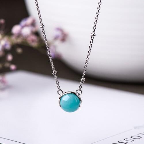 Real 925 Sterling Silver Natural Amazonite Stone 8MM Jewelry Pendant Blue-Green Crystal Charm Necklace, Creates Relaxing Feel