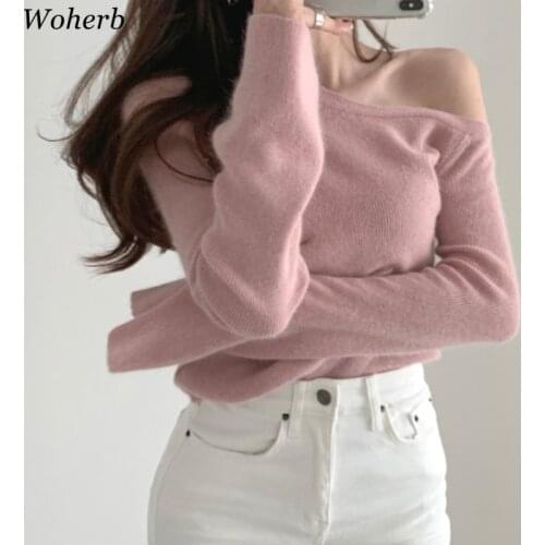 Woherb Pullovers Off Shoulder Sexy Solid Autumn Women Sweaters Winter Clothes Elegant Korean Chic Fashion Pull Sueter Mujer