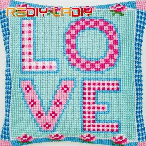 REDIY Cross Stitch Cushion Cover LOVE & LIFE Decorative Pillow Case Chunky Yarn Cross-Stitch Kits Pre-Printed Cushion for Sofa