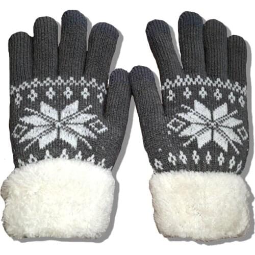 Rimiut Thick Cashmere Two Layer Winter Gloves For Women Snowflake Knitted Pattern Full Finger Skiing & Touch screen Glove