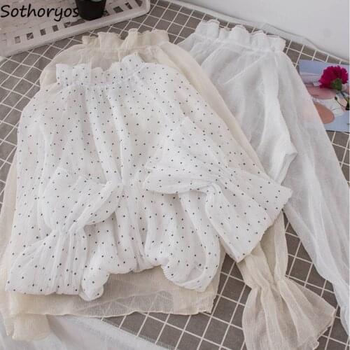 Shirts Women Chiffon Solid Kawaii Turtleneck Flare Sleeve Shirt Trendy Womens All-match Korean Style Elegant Chic Blouses Cute