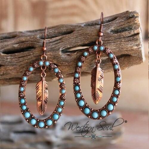 Rongyu Antique Blue Turquoise Feather Earrings Antique Silver Color Exaggerated Ear Accessories Manufacturers Wholesale