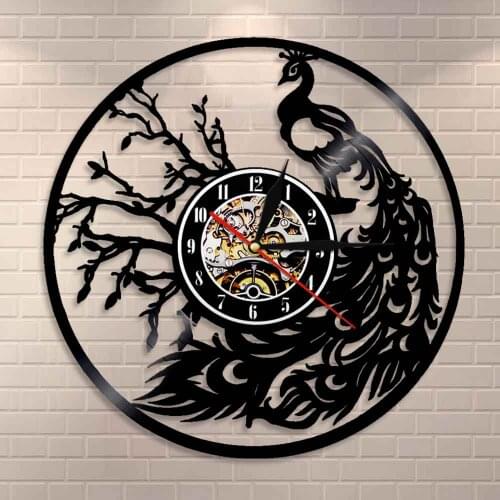 Proud Bird Peacock With Feather Out Wall Art Modern Wall Clock Whimsical Vinyl Record Wall Clock Retro Decorative Wall Watch