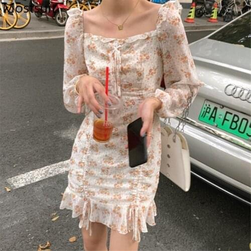 Vintage Printed Women Mini Pencil Dress Full Sleeve Square Collar Drawstring Dresses Sexy Elegant Ladies Vestidos 2021