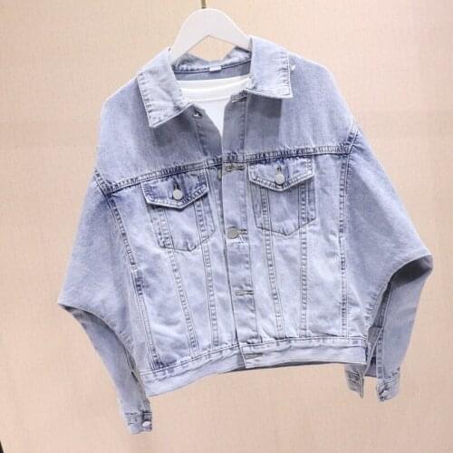 Vintage Light blue Denim jacket Women Lapel Batwing sleeve Outerwear Spring Loose Short Jeans jacket Harajuku jaqueta feminina
