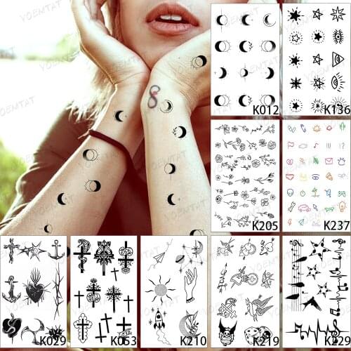 9pcs/Lot Waterproof Temporary Tattoo Sticker Moon Star Line Music Symbol Flash Tatoo Woman Small Body Art Finger Fake Tatto Man