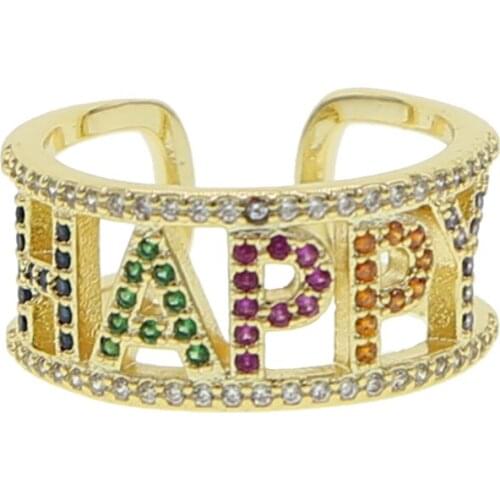 Letter jewelry gold filled colorful cz paved BOSS HAPPY LOVE letter open ring
