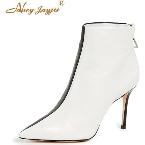 Half Black And White Woman Ankle Boots Shoes 8cm Autumn 2021 Female Brand Metal Zipper Party Mixed Colors Office Career 39 40