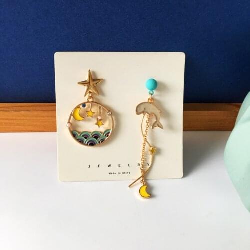 925 silver needle Dolphin Asymmetrical Stud Earrings Fairy Aesthetic Ocean Starry Tassel Earrings