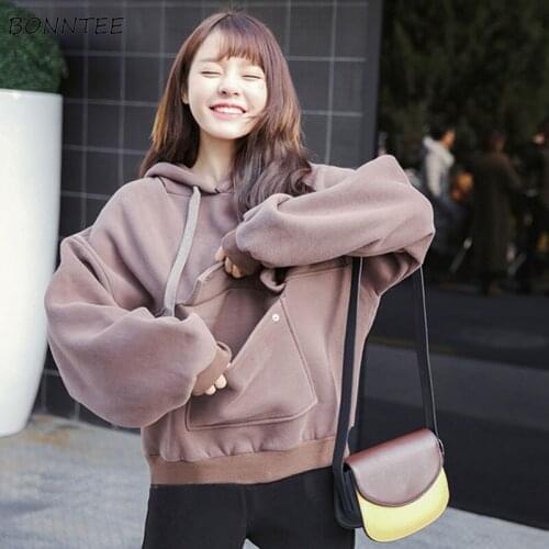 Hoodies Women Pockets All-match Solid Hooded Trendy 2020 Womens Korean Style High Quality Leisure Thicker Warm Clothing Daily
