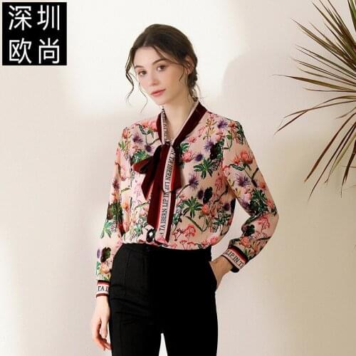 Women tops and blouses pink chiffon floral high quality OL 2020 summer office shirts long sleeve casual sexy plus size fashion