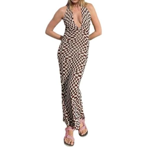 Women Close-fitting Sleeveless Long Dress Brown Plaid Printed Pattern Deep V-neck