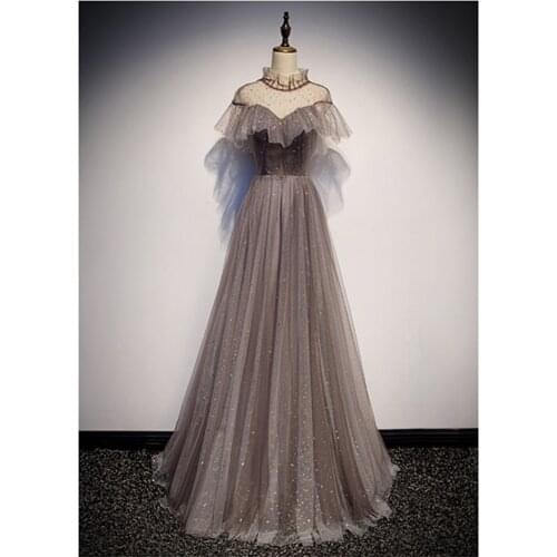 High Neck A-line Evening Dress Sequined Prom Formal Dress Sliver Gray Evening Dresses Long Dress 2020 New Fashion Robe De Soiree