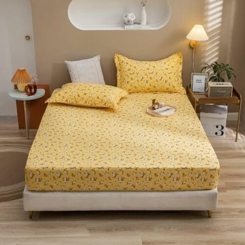 1pcs Yellow Floral Mattress Cover Cotton Fitted Sheet Four Corners with Elastic Band Bed Sheet Mattress Protector No Pillowcases