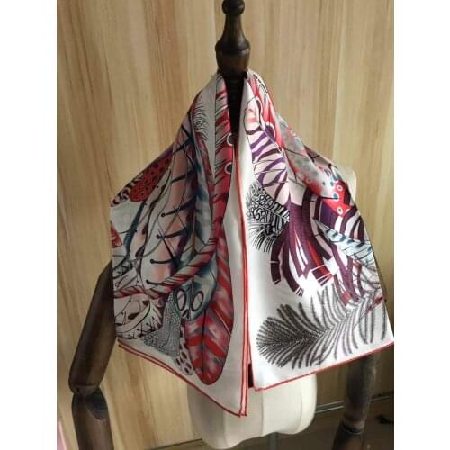 2021 new arrival fashion elegant brand red feather 100% silk scarf 90*90 cm square shawl twill wrap for women lady girl