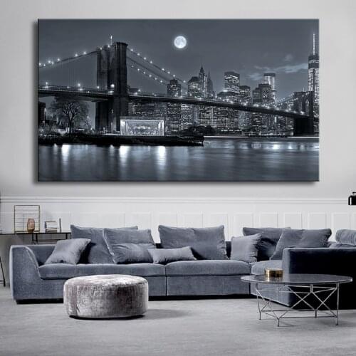 Large Modern Brooklyn Bridge Night View Landscape Posters Canvas Paintings Wall Art Pictures Living Room Home Wall Art Prints
