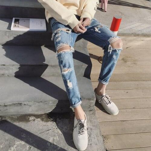 Wholesale 2020 Fashion Spring Summer Casual harem Hip hop street wear Big Hole Denim Cowboy Ankle length pants pantalon homme