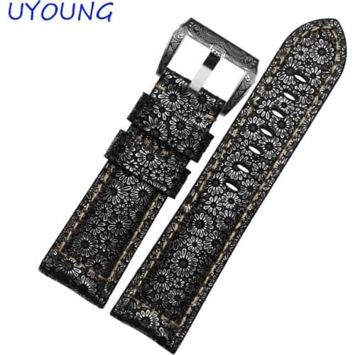 Quality Petal pattern Genuine Leather Watch band 24mm 26mm Sterling Silver Retro Buckle For Mens Watch accessories