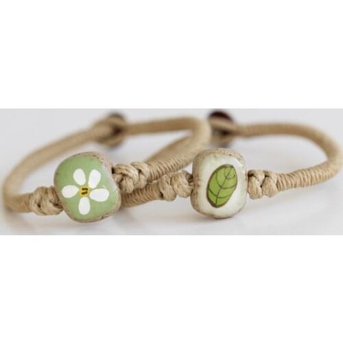 Fashion Charm Hand-painted Ceramic Bracelet Flower and Leaf Pattern Rope Chain Summer Style Small Jewelry for Couple Lovers Gift