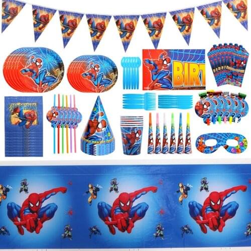 Cartoon Super Hero Spiderman Tablecloth Kid Favor Birthday Pack Event Party Cups Plates Baby Shower Disposable Tableware Sets