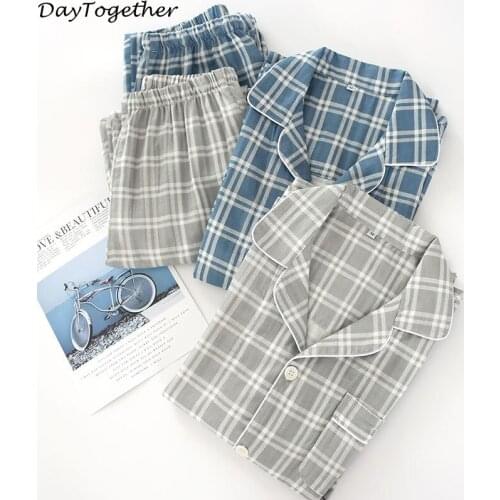 Mens Pajamas Home Pants Cotton Gauze Plaid Pants Spring Autumn Sleepwear Pyjama Sets