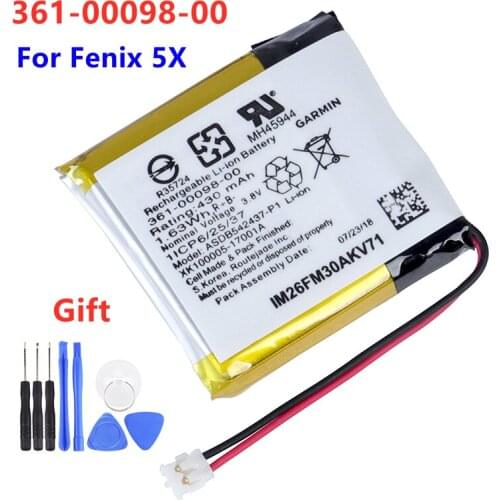 Original Watch Battery 361-00098-00 For Garmin Fenix 5X Replacement Battery 430mAh + Free Tools