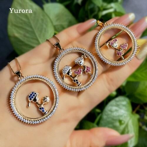 Luxury Round Pendant Necklaces Colorful Cubic Zirconia Stone Boy Girl Gold Chain Necklace Love heart kids Fashion Jewelry 2021