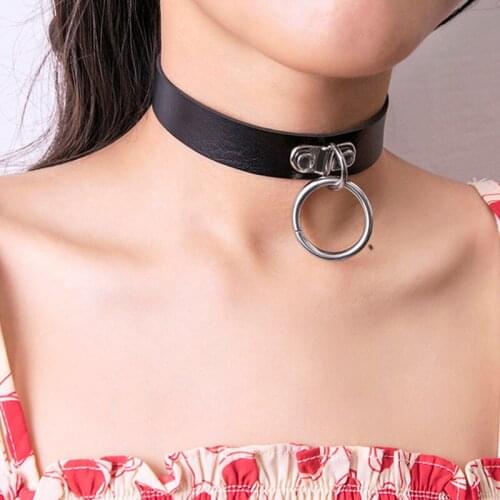 Punk Black Leather Choker Necklace Gothic Round Circle Pendant Adjustable Chokers For Women Jewelry Accessories