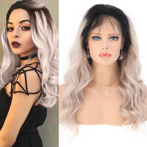 QUINLUX WIGS Grey Ombre Wavy Synthetic Lace Front Wig With Baby Hair For Black Women Cosplay Wigs Glueless Heat Resistant Fiber