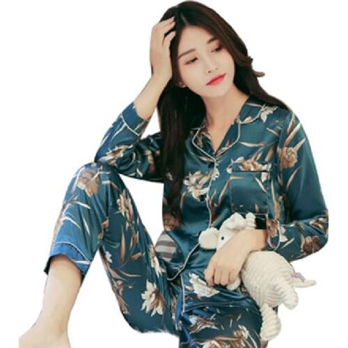 Full Pajamas Womens Silk Summer Pajamas Set 2pcs Thin Long Sleeve Trousers Suit Loungewear Leisure Autumn Female Sleepwear Set