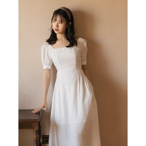 Summer French Solid Color Square Neck Retro Dress Puff Sleeve Elegant Fashion Dresses White Vestido de mujer