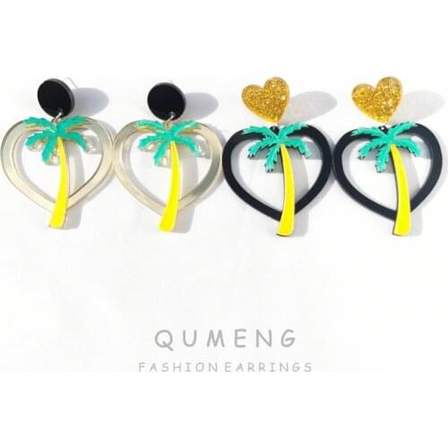 QUMENG Coconut tree Acrylic Heart Women stud Earrings Love Cute Earrings For lady girls punk hip hop Earrings Bohemian Earrings