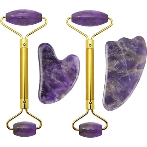 Amethyst Jade Roller Face Massager Guasha Scraper Set Natural Stone Purple Crystal Facial Massage Roller Guasha Massage Tools