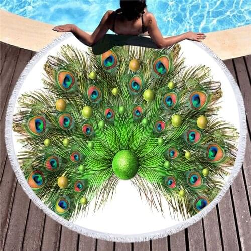 Peacock Feather Printed Large Round Beach Towels For Adult Yoga Mat With Tassels Thick Microfiber 150cm Picnic Blanket