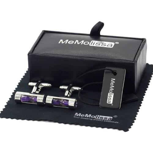 MeMolissa Display Box Trendy Hourglass Design Cufflink Glass Bottle with Purple Sand Wedding Male Cufflink Free Tag & Wipe Cloth