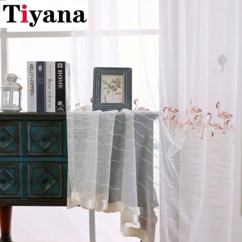 Pink Embroidered Swan Tulle Curtains for Living Room Flamingo Voile For Bedroom Window Screen Sheer Panel ZH066D