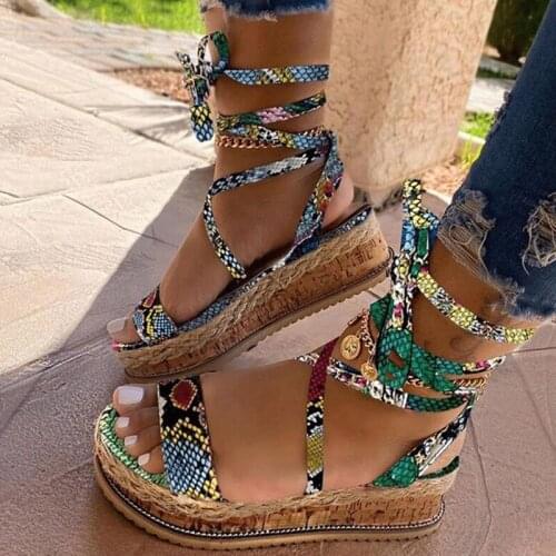 Womens Platform Sandals 2020 New Summer Snakeskin Buckle Strap Mid Heel Ladies Footwear Party Dress Female Sandals Shoes 35-43