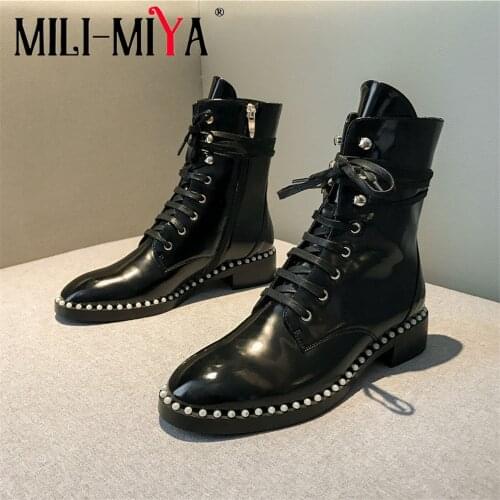 MILI-MIYA Solid Color Fashion Women Full Genuine Leather Ankle Boots Lace-Up Square Heels Round Toe Crystal Motorcycle Boots