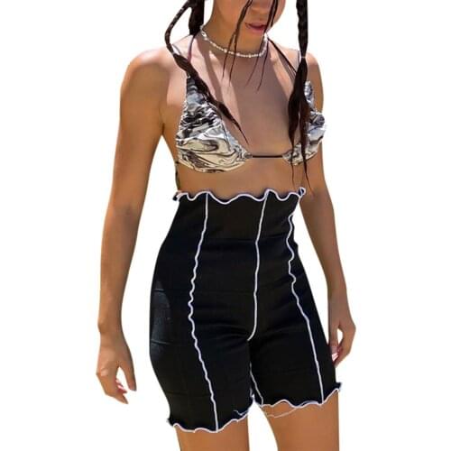 Women’s High Waist Skinny Shorts, Summer Lettuce Trim Patchwork Stitch Short Leggings