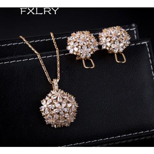 FXLRY High Quality White CZ + Cubic Zirconia Flower Big Pendant Necklace And Earrings Sets For Women Luxury Bridal Jewelry