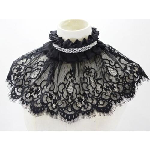 Women Hollow Out Embroidered Floral Lace Wedding Shawl Bolero Ruffles Pleated High Neck Fake Collar Faux Pearl Decor Bridal