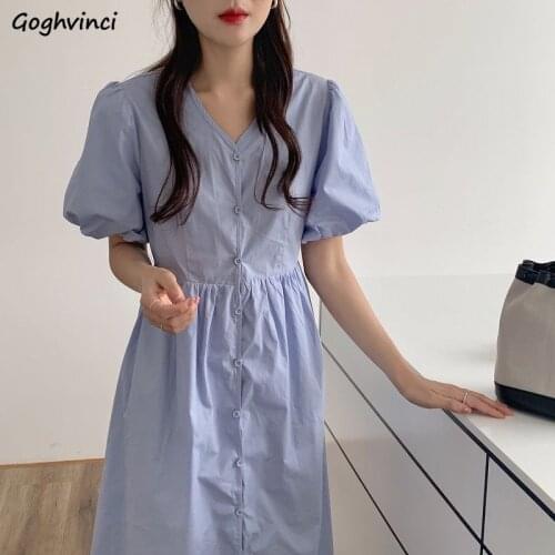 Women Dress Summer Solid Single Breasted V-neck Korean Style Ladies Short Sleeve Loose High Waist Loose All-match Trendy Femme