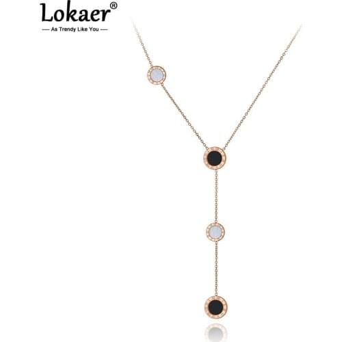 Lokaer Classic Titanium Stainless Steel Roman Numerals Shell Choker Necklaces For Women Girls Chic Charm Pendant Necklace N19213